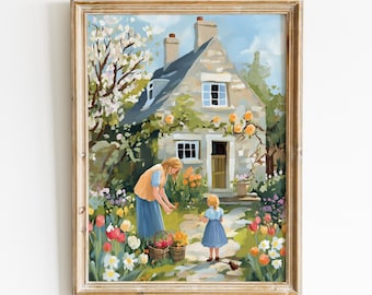 May include: A painting of a stone cottage with a woman and a child in the garden. The cottage has a brown door and a stone wall with a vine growing up it. The woman is wearing a blue dress and a yellow sweater. The child is wearing a blue dress. The garden is filled with flowers in shades of pink, yellow, and orange.