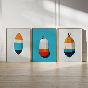 Lobster Buoy Paintings, 3 Vintage Buoy Art Print, Coastal Art Digital Download, Fisherman Aesthetic, Printable Wall Art, Beach House Decor