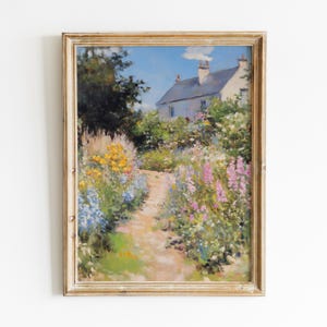 French Cottage Garden Painting, Vintage Farmhouse Decor Art Print, Wildflower Landscape Art Digital Download, Cottagecore Printable Wall Art