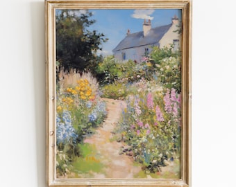 French Cottage Garden Painting, Vintage Farmhouse Decor Art Print, Wildflower Landscape Art Digital Download, Cottagecore Printable Wall Art