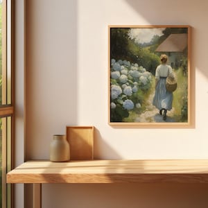 May include: A painting of a woman walking through a garden path lined with white hydrangeas. The woman is wearing a blue dress and carrying a basket. A small house is visible in the background.