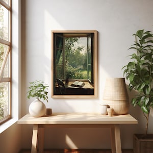 Pu&ograve; includere: Un dipinto incorniciato di una finestra con vista su un giardino. La finestra &egrave; aperta e c'&egrave; un libro su un tavolo all'interno della finestra. Il dipinto &egrave; in una cornice di legno.