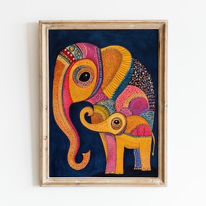 May include: A framed illustration of two elephants, one large and one small, with intricate patterns and bright colors, including yellow, orange, pink, blue, and green. The elephants are set against a dark blue background.