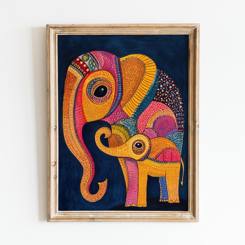 May include: A framed illustration of two elephants, one large and one small, with intricate patterns and bright colors, including yellow, orange, pink, blue, and green. The elephants are set against a dark blue background.