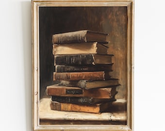 Dipinto di una pila di libri vintage, stampa d'arte "Moody Bookish", download digitale di "Angolo lettura", stampa da parete Cottagecore, decorazione Dark Academia