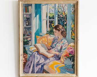 Cozy Reading Nook Painting, Bookish Spring Print, Boho Art Digital Download, Floral Cottagecore Printable Wall Art, Light Academia Decor