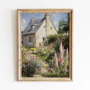 French Cottage Garden Painting, Vintage Farmhouse Decor Art Print, Wildflower Landscape Art Digital Download, Cottagecore Printable Wall Art