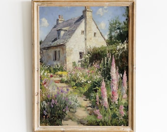 French Cottage Garden Painting, Vintage Farmhouse Decor Art Print, Wildflower Landscape Art Digital Download, Cottagecore Printable Wall Art