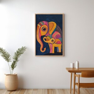 May include: A colorful painting of two elephants, one large and one small, on a dark blue background. The elephants are decorated with intricate patterns and bright colors, including pink, yellow, orange, and blue.