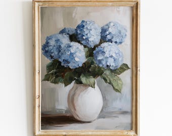 Pintura de hortensias azules, impresión floral vintage, descarga digital de arte botánico, arte mural imprimible estilo cottagecore, decoración estilo cottage francés