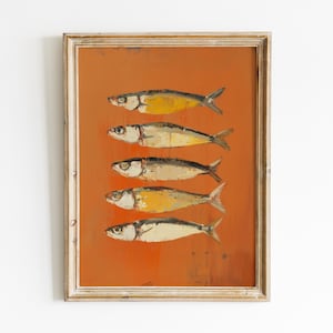 Sardine Painting, Coastal Art Digital Download, Sardine Printable Wall Art, Rustic Sardine Art Print, Fisherman Aesthetic, Kitchen Wall Art