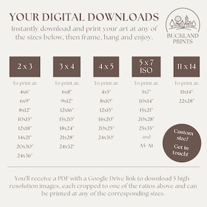 May include: A beige digital download print with size options including 2x3, 3x4, 4x5, 5x7, and 11x14. The text includes "YOUR DIGITAL DOWNLOADS" and "BUCKLAND PRINTS". The image provides print sizes in inches.