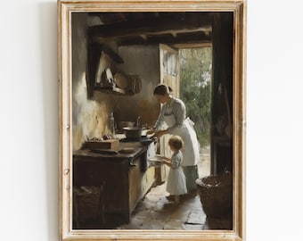 French Kitchen Painting, Vintage Art Print, Mother And Child Art Digital Download, Cottagecore Printable Wall Art, Rustic Farmhouse Decor
