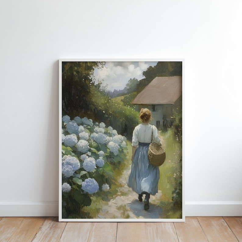 May include: A woman in a white blouse and blue skirt walks along a path lined with hydrangeas. She carries a wicker basket. The path leads to a small house in the distance.