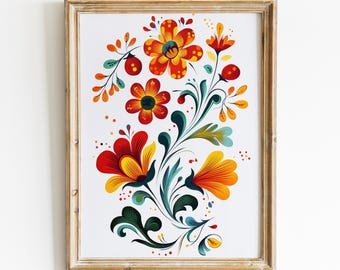 Clematis Rosemaling Art Print, Floral norwegische Volkskunst digitaler Download, Telemark Malerei, moderne skandinavische Boho, druckbare Wandkunst