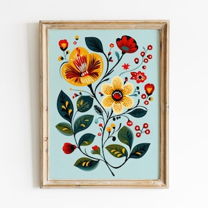 Floral Rosemaling Art Print, Norwegian Folk Art Digital Download, Telemark Art Painting, Modern Scandinavian Boho, Printable Wall Art