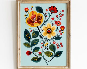 Floral Rosemaling Art Print, Norwegian Folk Art Digital Download, Telemark Art Painting, Modern Scandinavian Boho, Printable Wall Art