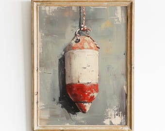 Lobster Buoy Painting, Coastal Art Digital Download, Buoy Printable Wall Art, Vintage Buoy Art Print, Fisherman Aesthetic, Beach House Decor
