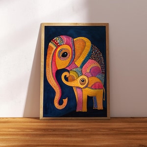 May include: A colorful painting of two elephants, one large and one small, on a dark blue background. The elephants are decorated with intricate patterns in shades of pink, yellow, orange, and blue.