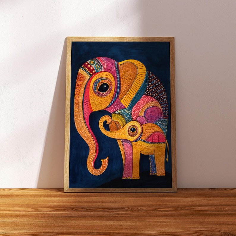 May include: A colorful painting of two elephants, one large and one small, on a dark blue background. The elephants are decorated with intricate patterns in shades of pink, yellow, orange, and blue.