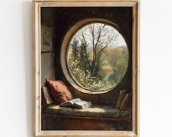 Round Window Reading Nook Painting, Fantasy Bookish Art Print, Vintage Digital Download, Cottagecore Printable Wall Art, Dark Academia Decor
