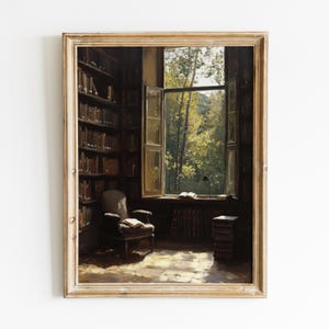 Puede incluir: Una pintura de una habitación con una gran ventana que da a un bosque. La habitación tiene una estantería llena de libros y una silla con un libro encima. La ventana está abierta y el sol brilla a través.