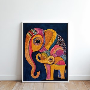 May include: A colorful illustration of a mother elephant and her baby elephant. The elephants are depicted in a geometric style with bright colors, including pink, yellow, orange, and blue. The background is a dark blue.