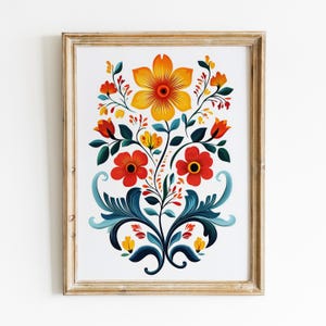 Floral Rosemaling Art Print, Norwegian Folk Art Digital Download, Telemark Art Painting, Printable Wall Art, Modern Scandinavian Boho