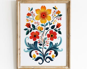 Blumen Rosemaling Art Print, norwegische Volkskunst digitaler Download, Telemark Kunstmalerei, druckbare Wandkunst, moderne skandinavische Boho