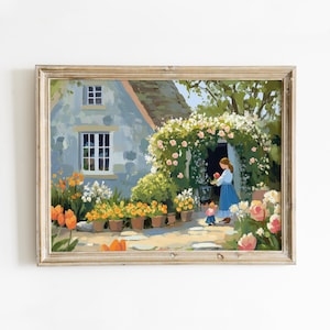 Spring Cottage Garden Art Print, Cute Spring Art Digital Download, Whimsical Cozy Cottagecore Painting, Printable Spring Wall Art