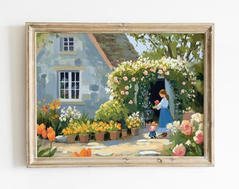 May include: A painting of a stone cottage with a woman and a child standing in front of it. The cottage is surrounded by a lush garden with flowers in shades of pink, white, and yellow. The woman is holding a bouquet of flowers and the child is looking up at her.