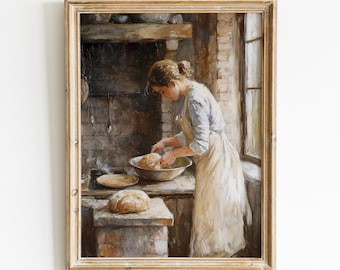 Woman Baking Bread Painting, French Kitchen Art Print, Vintage Art Digital Download, Cottagecore Printable Wall Art, Rustic Farmhouse Decor