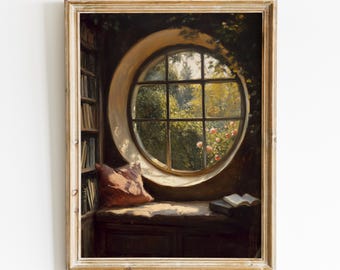 Round Window Reading Nook Painting, Fantasy Bookish Art Print, Vintage Digital Download, Cottagecore Printable Wall Art, Dark Academia Decor
