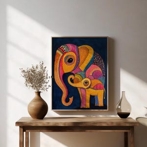 May include: A colorful painting of two elephants, one large and one small, on a dark blue background. The elephants are made up of intricate patterns and dots in shades of pink, yellow, orange, and blue.