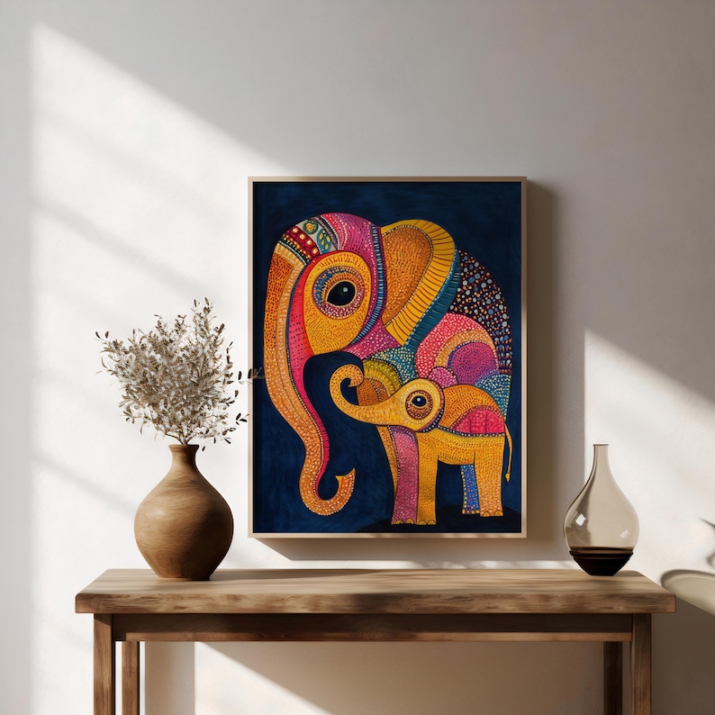 May include: A colorful painting of two elephants, one large and one small, on a dark blue background. The elephants are made up of intricate patterns and dots in shades of pink, yellow, orange, and blue.