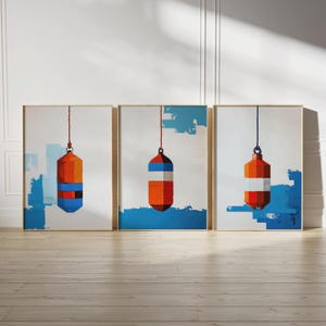 Lobster Buoy Paintings, 3 Coastal Art Digital Download, Fisherman Aesthetic, Vintage Buoy Art Print, Printable Wall Art, Beach House Decor