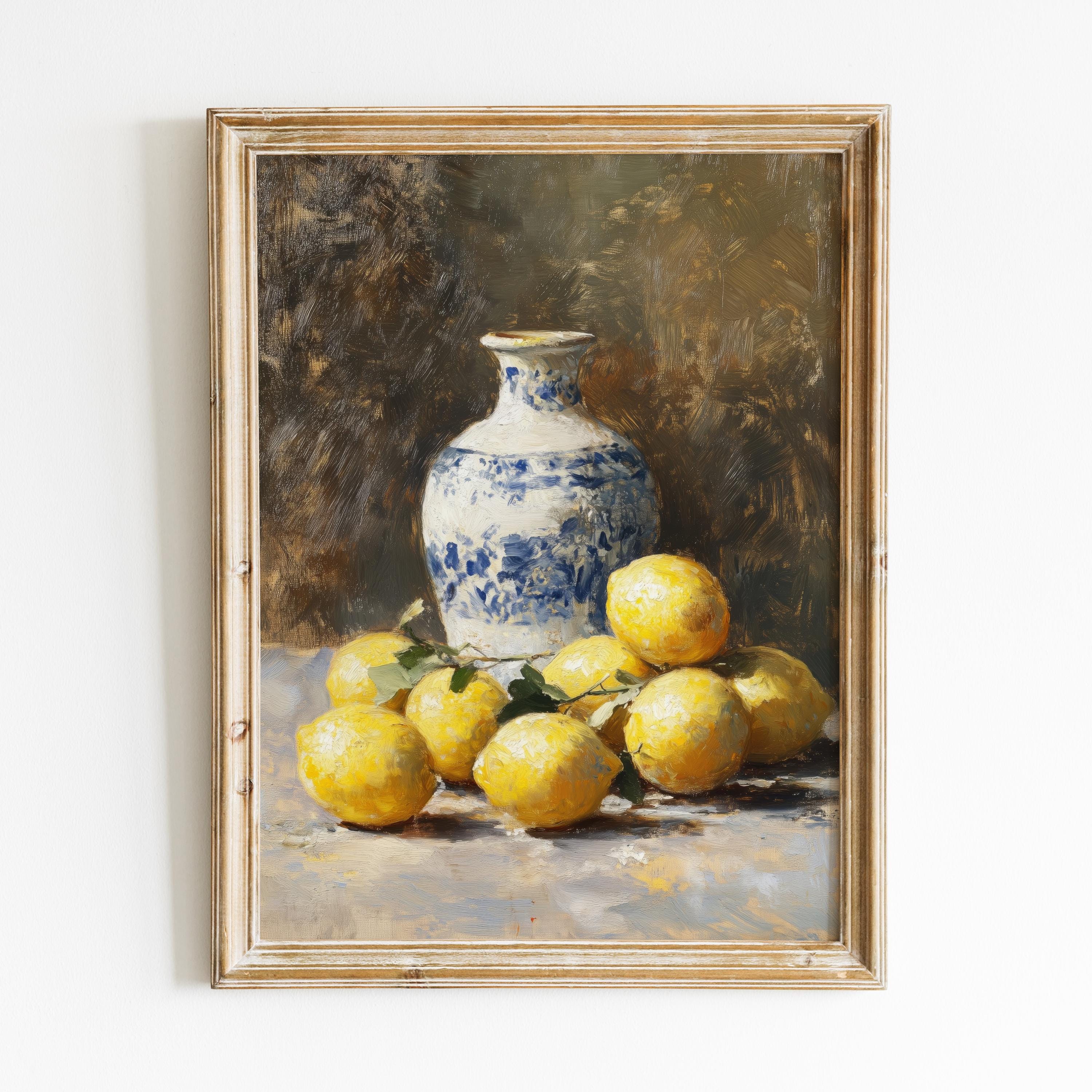 レモンの絵画、シノワズリ風静物画、ヴィンテージアートプリントの