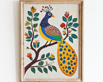 Indian Peacock Art Print, Gond Art Painting, Indian Folk Art Digital Download, Colourful Bird Printable Wall Art, Eclectic Modern Boho