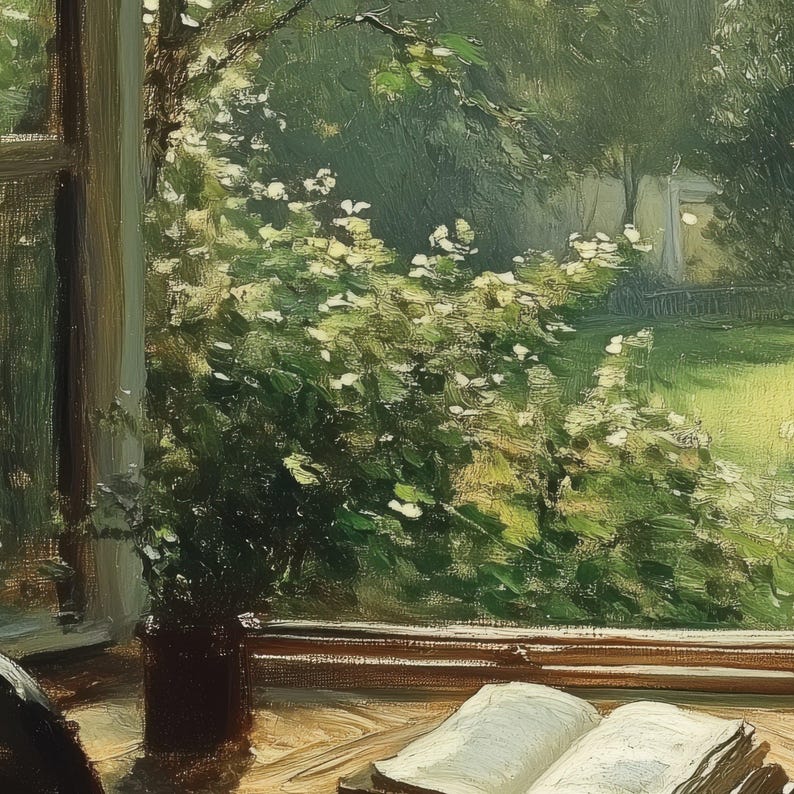 Pu&ograve; includere: Un dipinto di una finestra con vista su un lussureggiante giardino verde. La finestra &egrave; aperta e c'&egrave; un libro sul davanzale della finestra. Il giardino &egrave; pieno di alberi verdi e fiori bianchi.