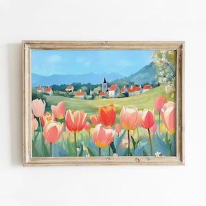 Spring Tulip Field Art Print, Cute Spring Art Digital Download, Easter Printable Spring Wall Art, Floral Whimsical Cottagecore Painting
