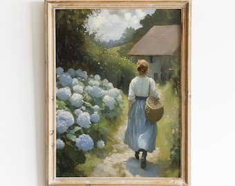 Pintura de hortensias azules, impresión floral vintage, descarga digital de arte romántico, arte mural imprimible estilo cottagecore, decoración rústica suave