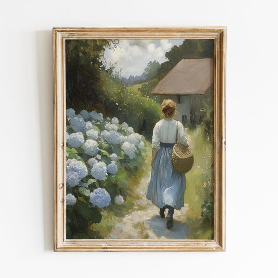 Blue Hydrangea Painting, Vintage Floral Art Print, Romantic Art Digital Download, Cottagecore Printable Wall Art, Soft Farmhouse Decor