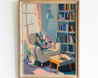 Dipinto Cozy Reading Nook, Download digitale di Bookish Art, Arte murale stampabile Cottagecore, Decorazione Light Academia, Stampa artistica Boho Farmhouse