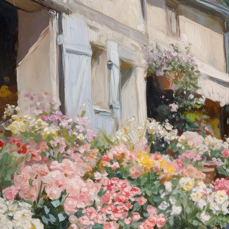 May include: An oil painting depicting a flower shop exterior. The building has a cream-coloured facade with pale blue shutters and a white awning. A vibrant display of flowers in pink, red, yellow, and white fills the foreground, creating a colourful scene.