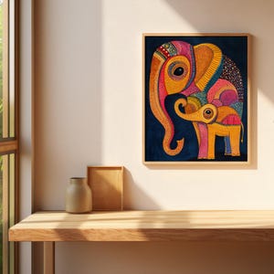 May include: A colorful abstract painting of two elephants, one large and one small, on a dark blue background. The elephants are made up of geometric shapes and patterns in shades of pink, yellow, orange, and blue.