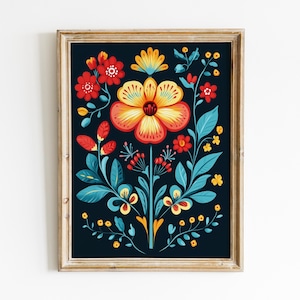 Floral Rosemaling Art Print, Norwegian Folk Art Digital Download, Modern Scandinavian Boho, Printable Wall Art, Dark Cottagecore Art