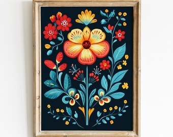 Blumen Rosemaling Art Print, norwegische Volkskunst digitaler Download, moderne skandinavische Boho, druckbare Wandkunst, dunkle Cottagecore Kunst