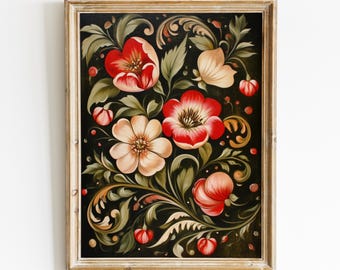 Rosen Rosemaling Art Print, Telemark Norwegische Volkskunst digitaler Download, skandinavische Boho, druckbare Wandkunst, dunkle Cottagecore Kunst