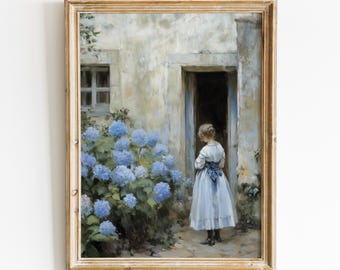 Cuadro de hortensias azules, lámina floral vintage, decoración rústica francesa, descarga digital, arte mural imprimible cottagecore, decoración rústica