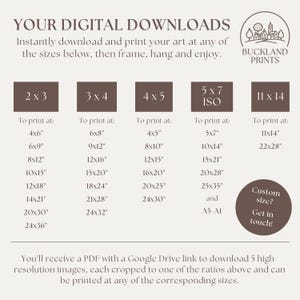May include: A printable digital download guide for art prints. The guide shows different aspect ratios and corresponding print sizes in inches, including 2x3, 3x4, 4x5, 5x7 ISO, and 11x14. The guide also mentions that a PDF with a Google Drive link will be provided for downloading high-resolution images.